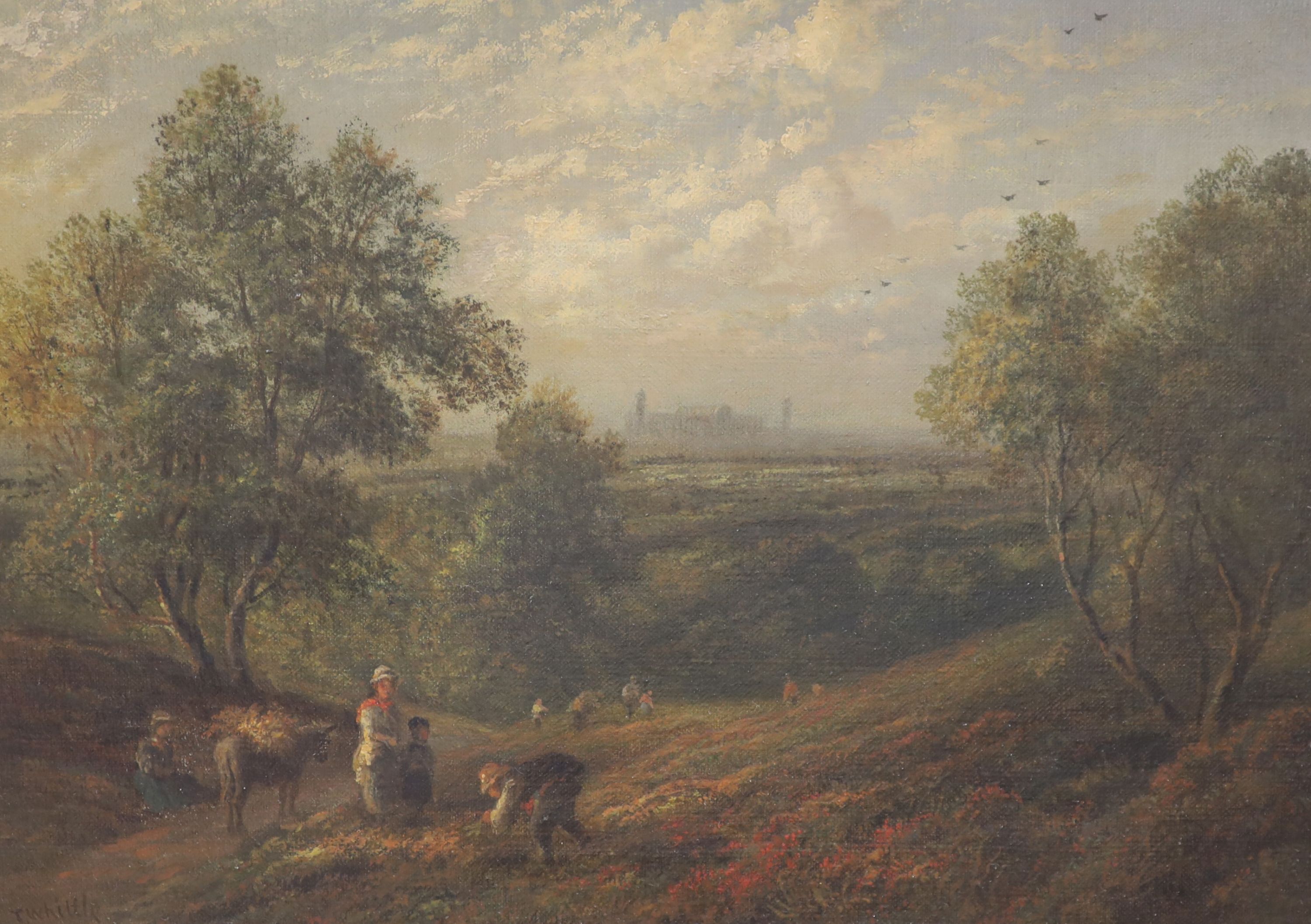 Thomas Whittle (1803-1887), oil on canvas, Figures in a landscape with the Crystal Palace showing in the distance, signed, 30 x 40cm